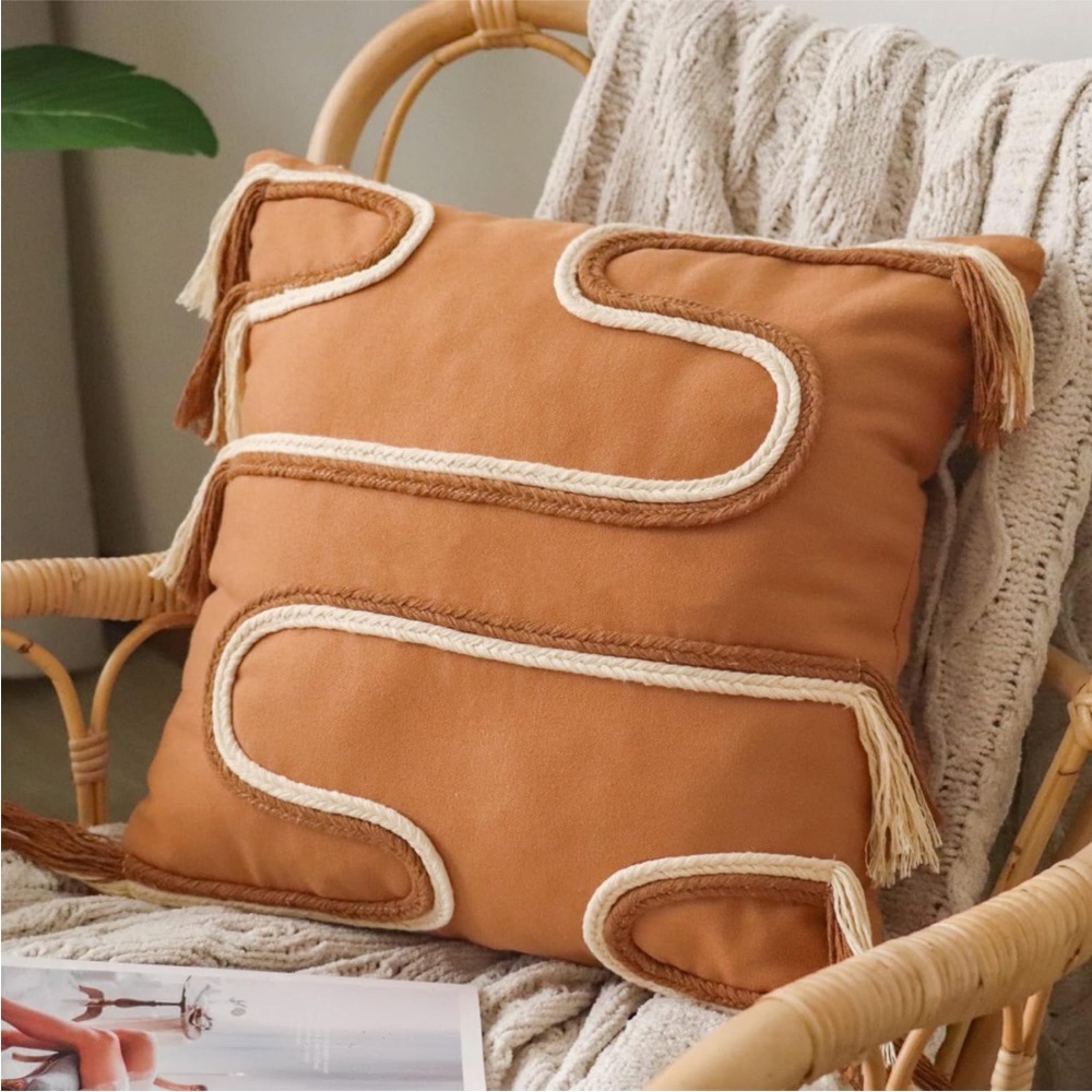 Braided Mid Century Orange Pillow Case Fringed Neutral Textured Boho Farmhouse - Picture 8 of 8